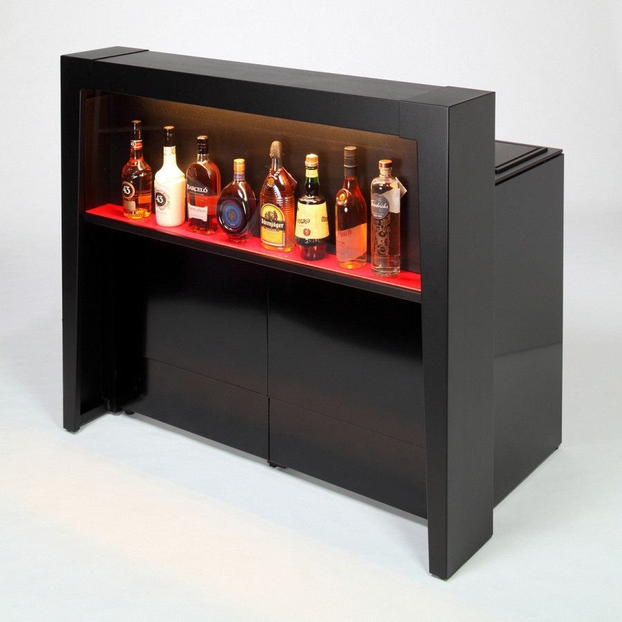 Balcão de cocktail móvel, dobrável, preto com expositor.