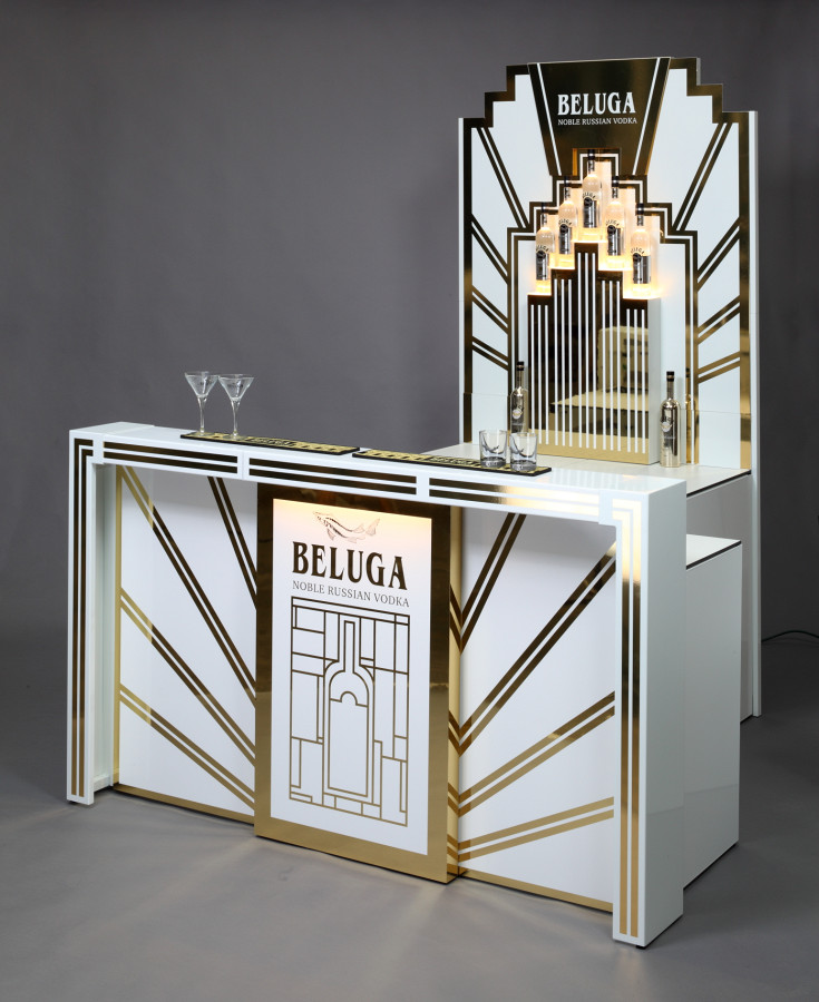 White G-Rack bar with gold foil applications and special rear panel with illuminated bottle staircase