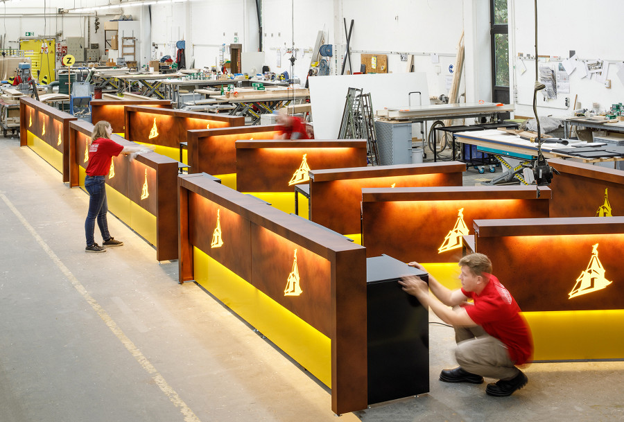 G-Rack bar with backlit logo and rust-look cladding for Ottakringer