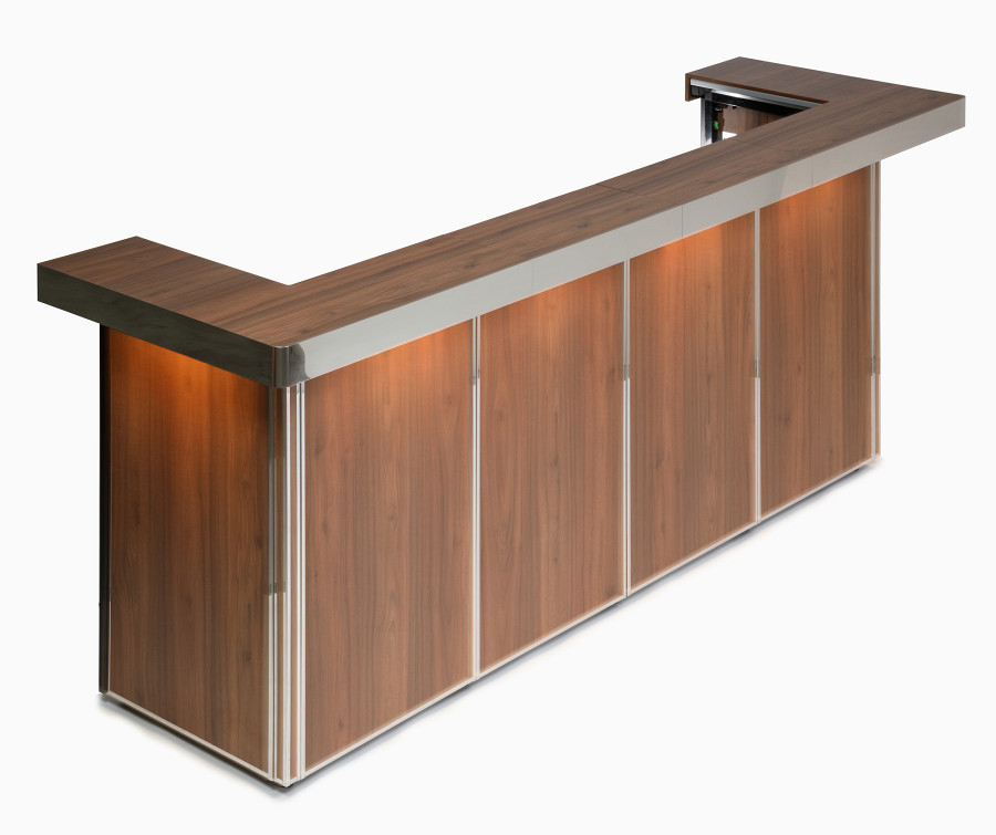 G-Rack Bar with wood decor paneling and polished stainless steel applications