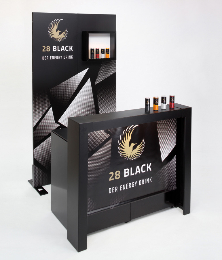 Mobile Theke mit Rückwand für 28Black.