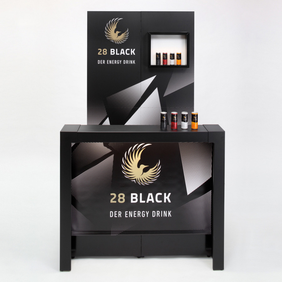 faltbare Promotiontheke mit Rückwand und Branding in schwarz.