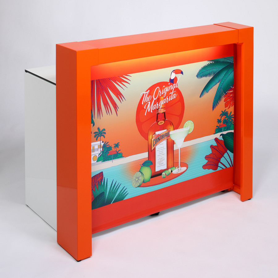 Mobile Cocktailbar für Promotion in weiß und orange.