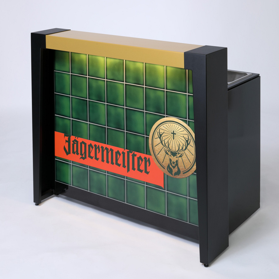 Promotiontheke für Jägermeister in schwarz mit Branding.