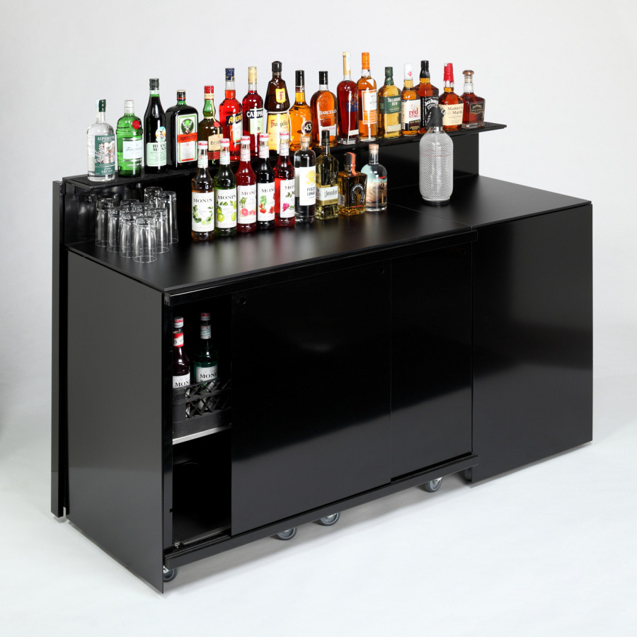 Mobiles Thekenelement mit Schiebetüren in schwarz.