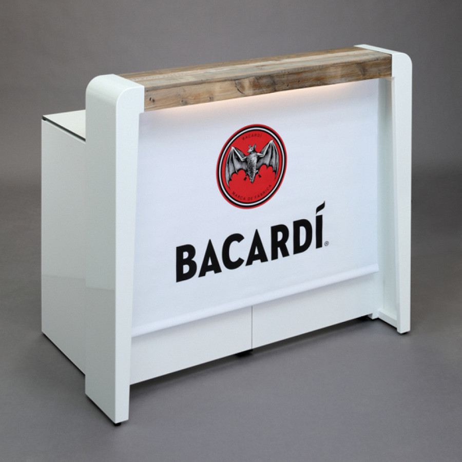 Kleine Bar (120 cm) mit furniertem Bartop und Banner.