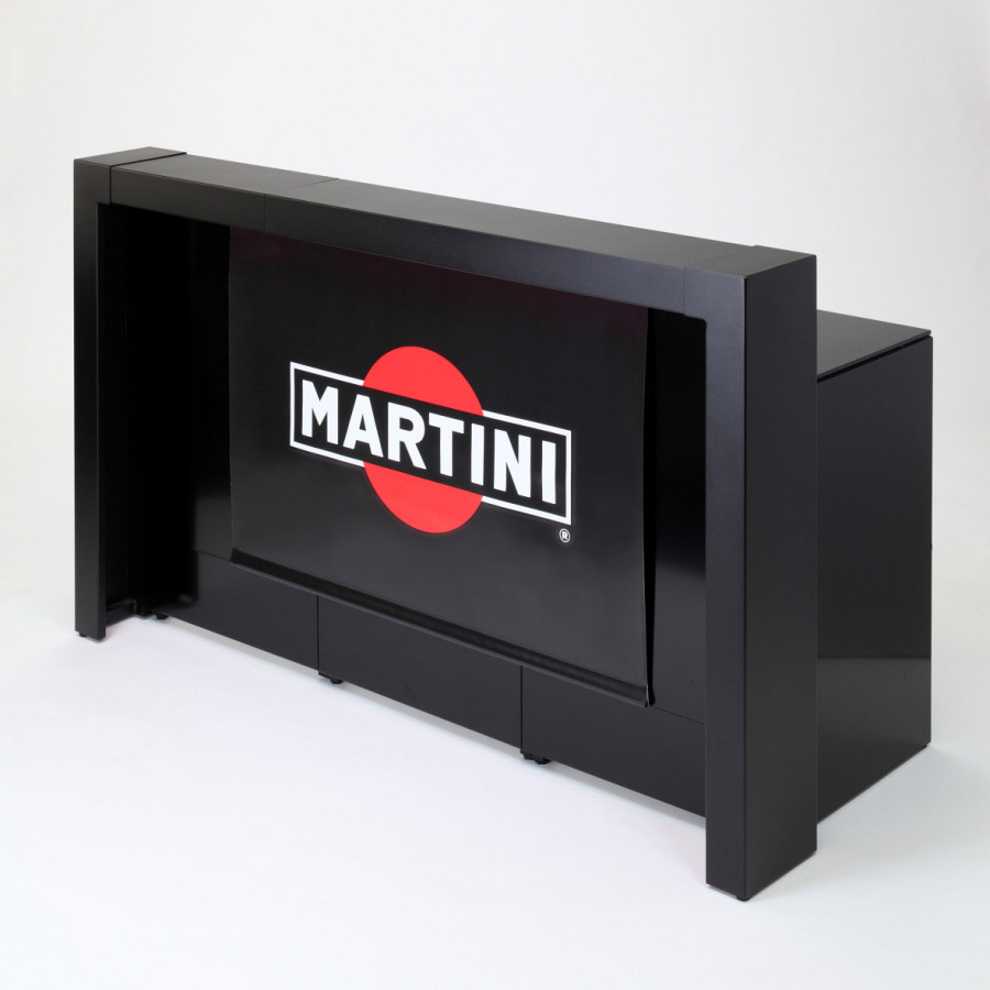 Mobile Cocktailbar faltbar in schwarz mit Martini-Logo.